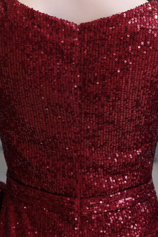 Elegant Sparkle Sequined Burgundy Long Sleeves V-neck Mermaid Long Prom Party Gowns - Image 14