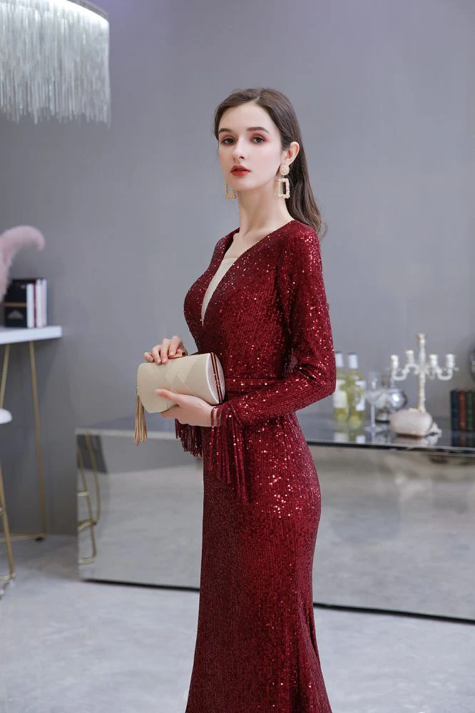 Elegant Sparkle Sequined Burgundy Long Sleeves V-neck Mermaid Long Prom Party Gowns - Image 15