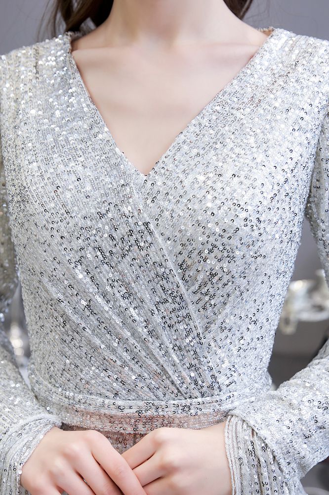 Elegant Sparkle Sequined Burgundy Long Sleeves V-neck Mermaid Long Prom Party Gowns - Image 16