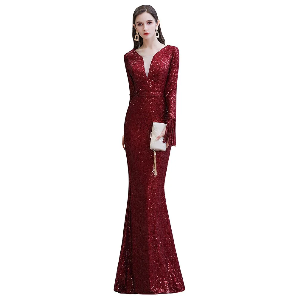 Elegant Sparkle Sequined Burgundy Long Sleeves V-neck Mermaid Long Prom Party Gowns - Image 18