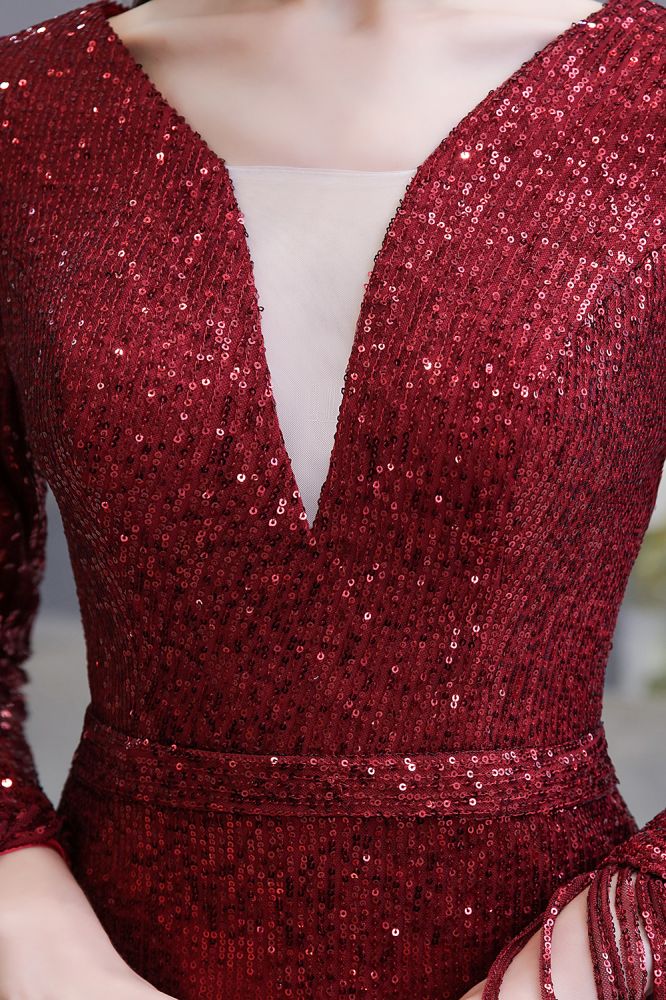 Elegant Sparkle Sequined Burgundy Long Sleeves V-neck Mermaid Long Prom Party Gowns - Image 19