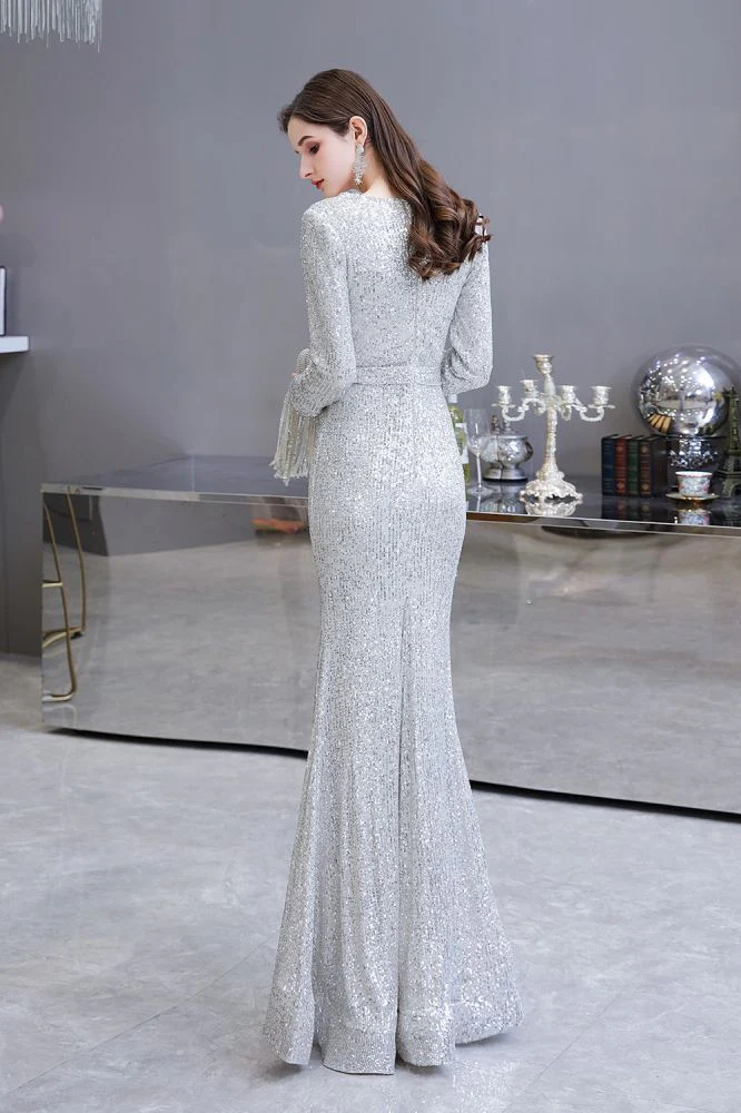 Elegant Sparkle Sequined Burgundy Long Sleeves V-neck Mermaid Long Prom Party Gowns - Image 2