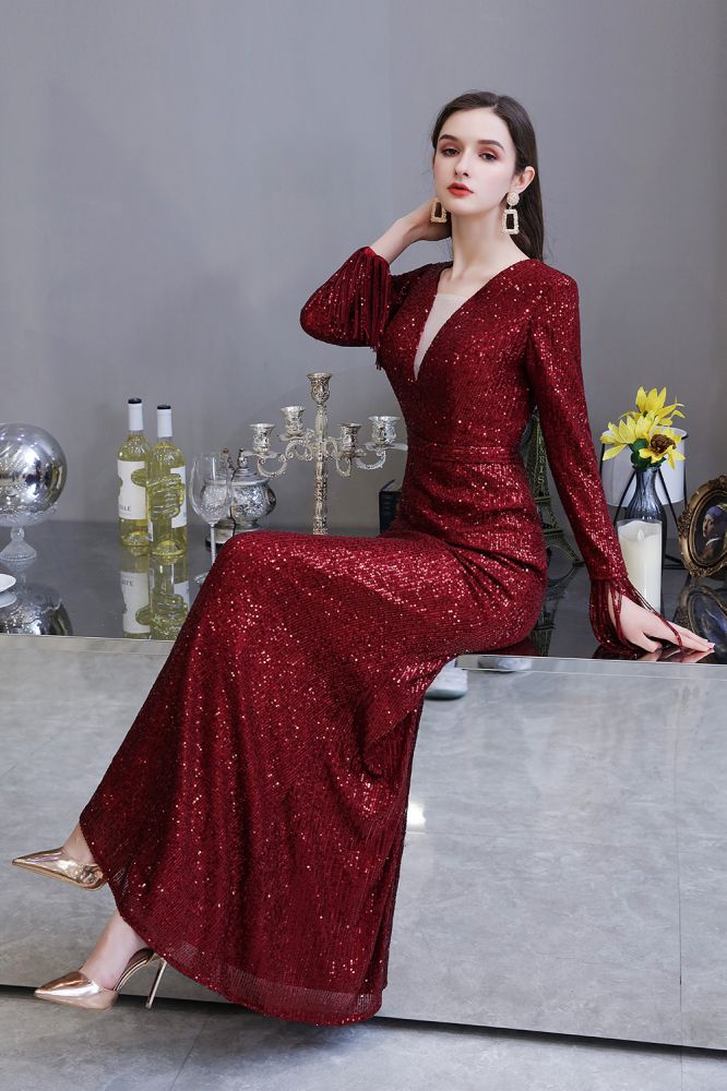 Elegant Sparkle Sequined Burgundy Long Sleeves V-neck Mermaid Long Prom Party Gowns - Image 20