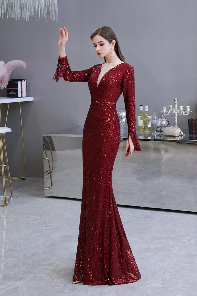 Elegant Sparkle Sequined Burgundy Long Sleeves V-neck Mermaid Long Prom Party Gowns - Image 21