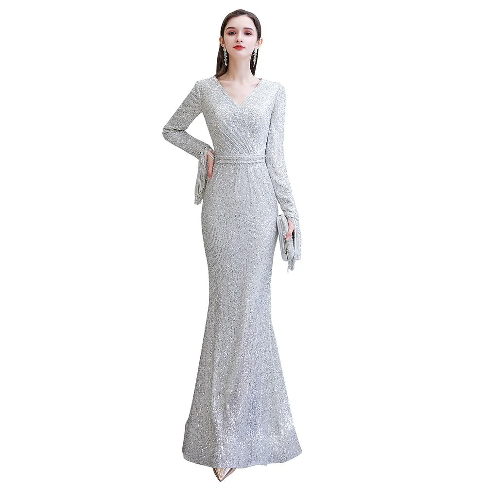 Elegant Sparkle Sequined Burgundy Long Sleeves V-neck Mermaid Long Prom Party Gowns - Image 22