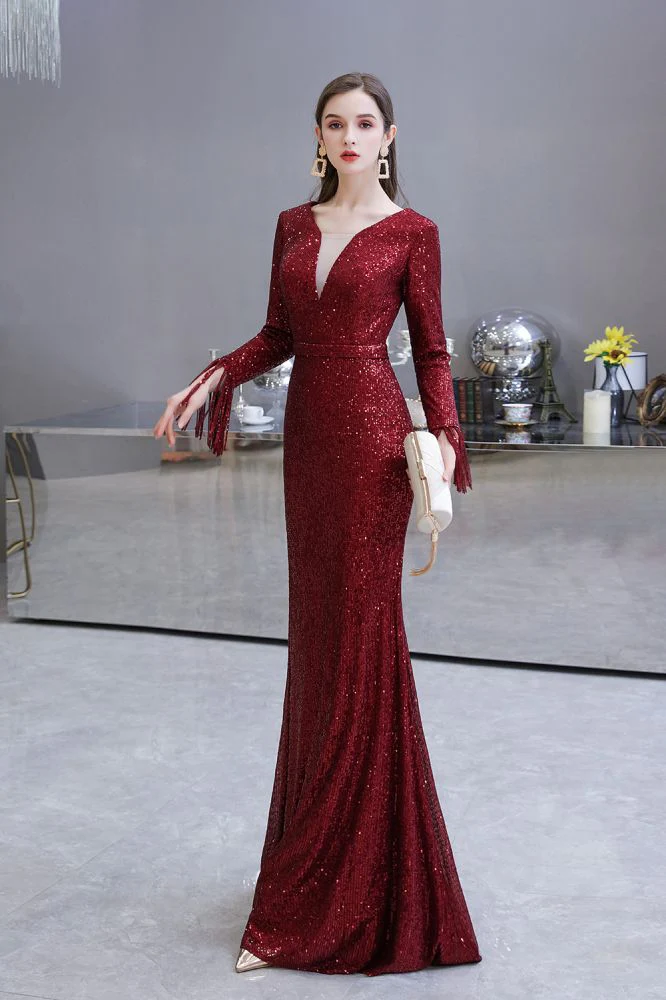 Elegant Sparkle Sequined Burgundy Long Sleeves V-neck Mermaid Long Prom Party Gowns - Image 23
