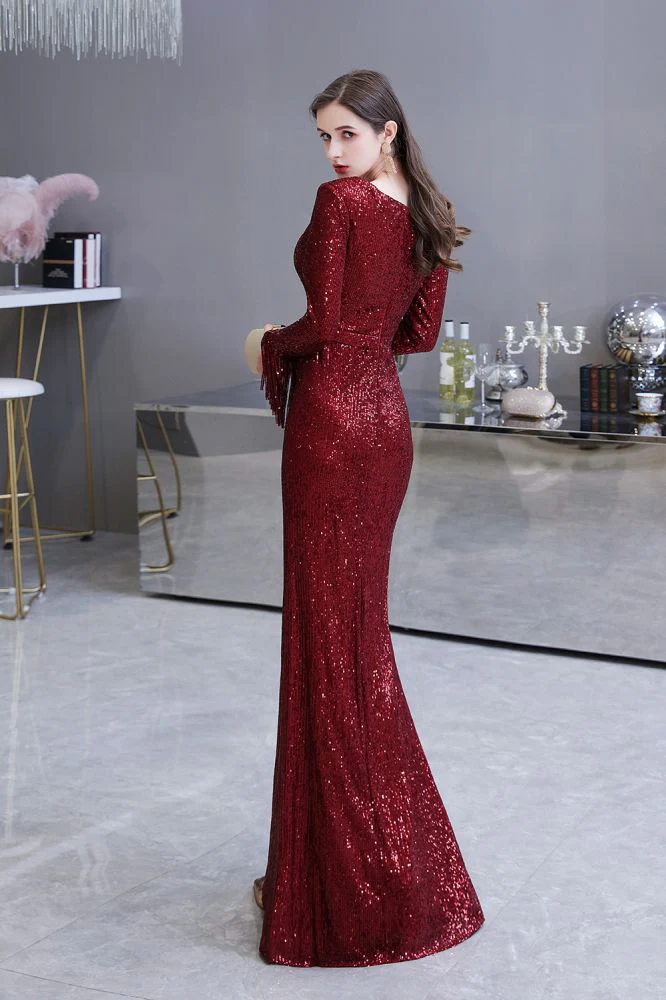 Elegant Sparkle Sequined Burgundy Long Sleeves V-neck Mermaid Long Prom Party Gowns - Image 24