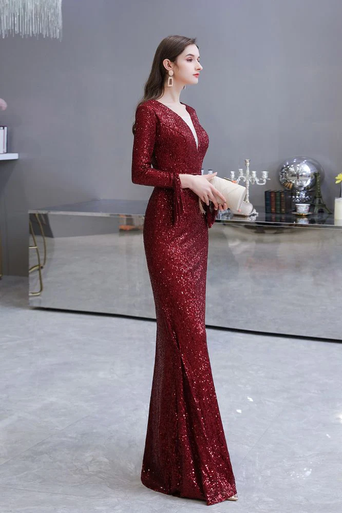 Elegant Sparkle Sequined Burgundy Long Sleeves V-neck Mermaid Long Prom Party Gowns - Image 26