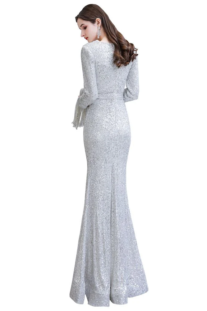 Elegant Sparkle Sequined Burgundy Long Sleeves V-neck Mermaid Long Prom Party Gowns - Image 27