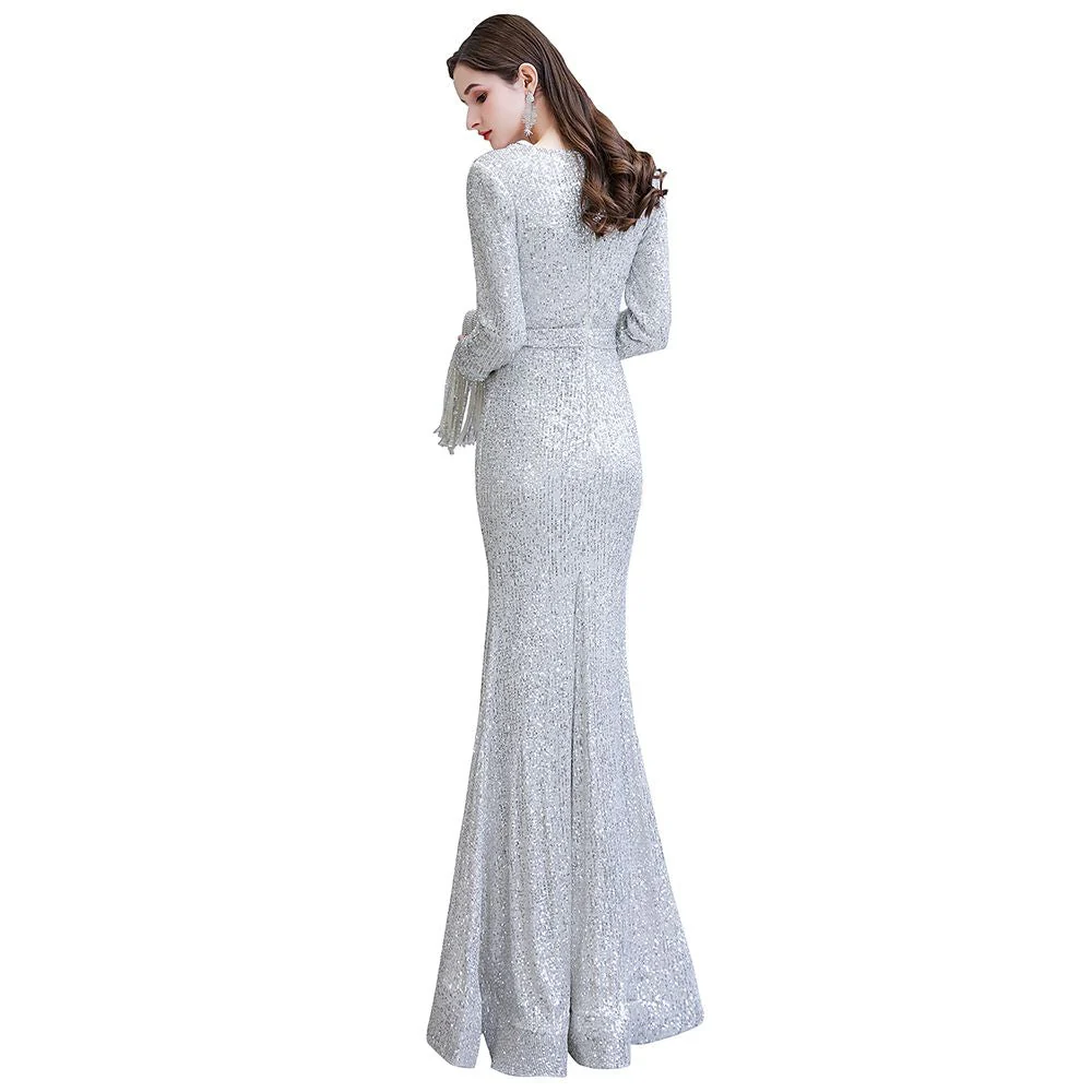 Elegant Sparkle Sequined Burgundy Long Sleeves V-neck Mermaid Long Prom Party Gowns - Image 28