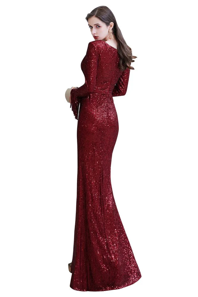 Elegant Sparkle Sequined Burgundy Long Sleeves V-neck Mermaid Long Prom Party Gowns - Image 29