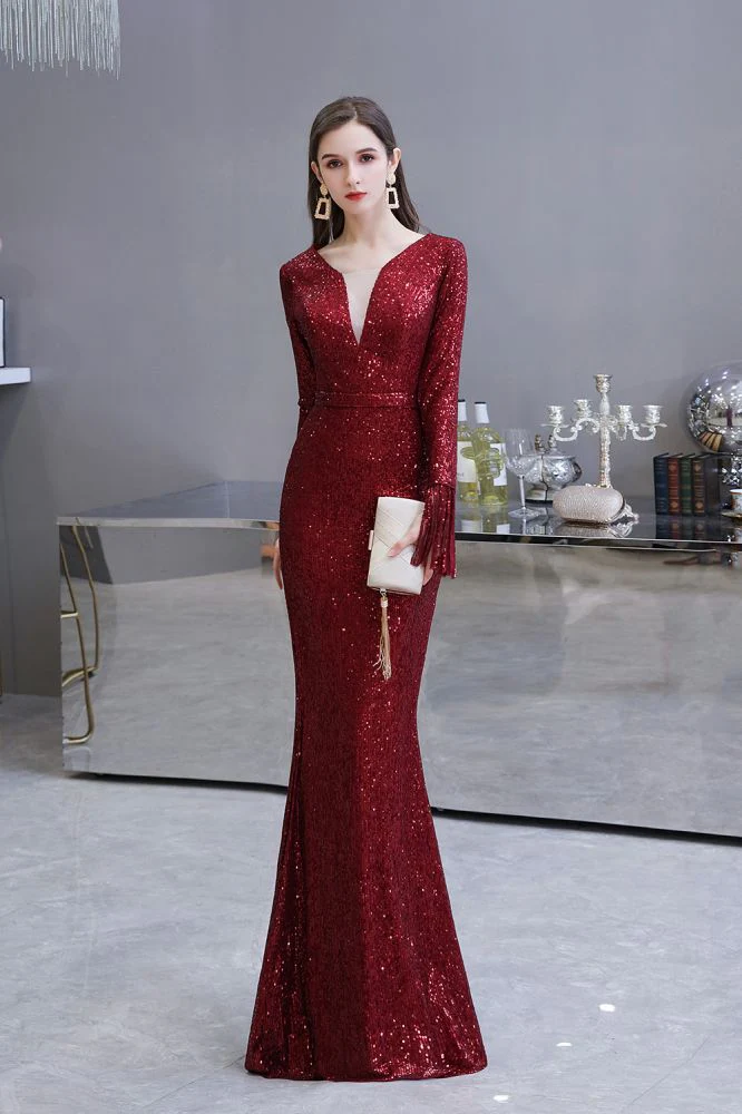 Elegant Sparkle Sequined Burgundy Long Sleeves V-neck Mermaid Long Prom Party Gowns - Image 3