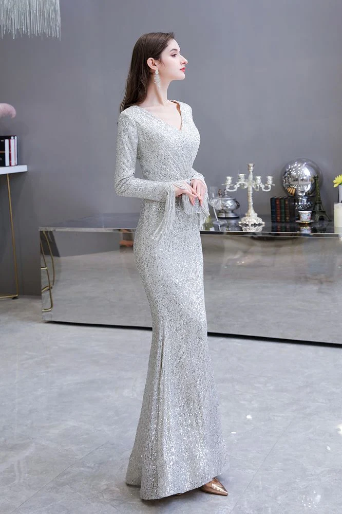 Elegant Sparkle Sequined Burgundy Long Sleeves V-neck Mermaid Long Prom Party Gowns - Image 4