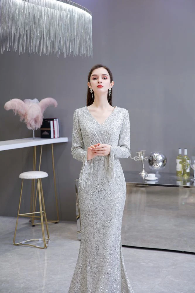 Elegant Sparkle Sequined Burgundy Long Sleeves V-neck Mermaid Long Prom Party Gowns - Image 5