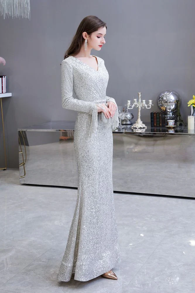 Elegant Sparkle Sequined Burgundy Long Sleeves V-neck Mermaid Long Prom Party Gowns - Image 6