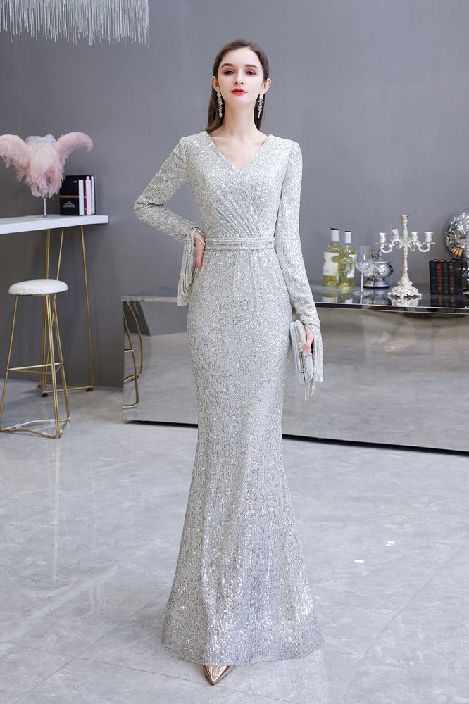 Elegant Sparkle Sequined Burgundy Long Sleeves V-neck Mermaid Long Prom Party Gowns - Image 7