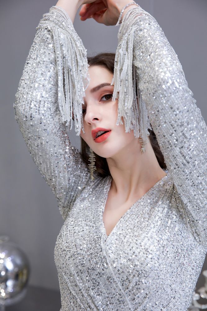 Elegant Sparkle Sequined Burgundy Long Sleeves V-neck Mermaid Long Prom Party Gowns - Image 8