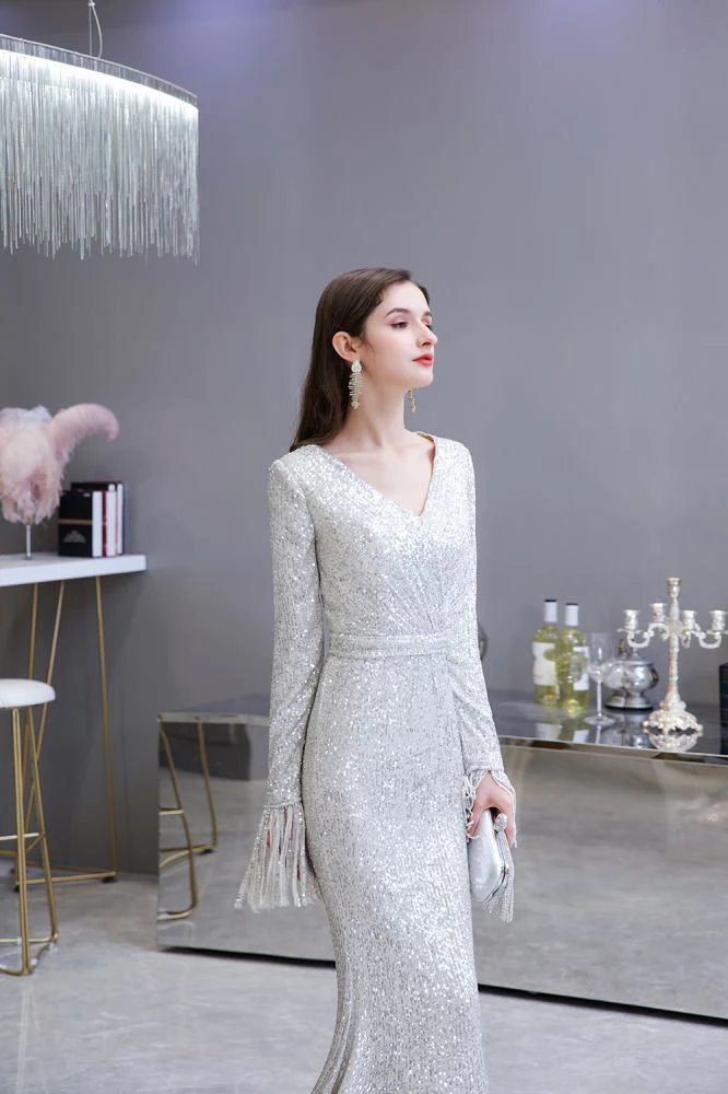 Elegant Sparkle Sequined Burgundy Long Sleeves V-neck Mermaid Long Prom Party Gowns - Image 9