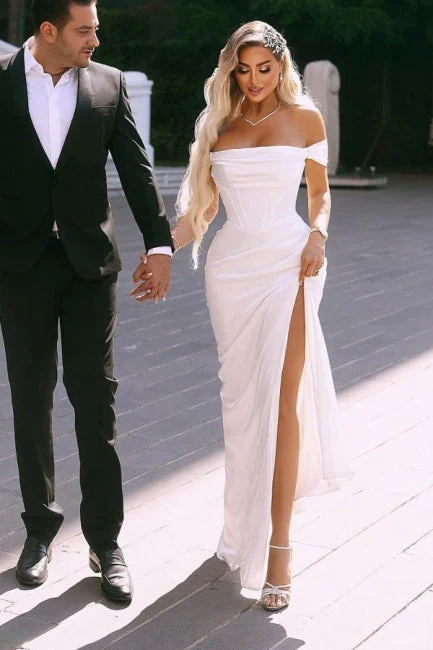 Ballbella Elegant Slit Front Off-The-Shoulder Stain Short Sleeves Long Evening Dress with Ruffles - Image 2