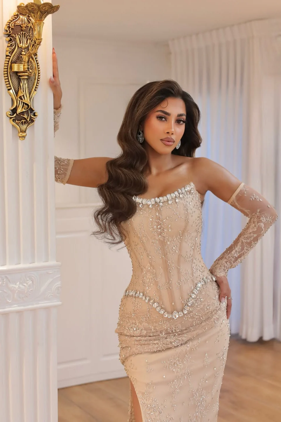 Elegant Strapless Gem Prom Dresses Detachable Sleeves Side Split With Beads - Image 6