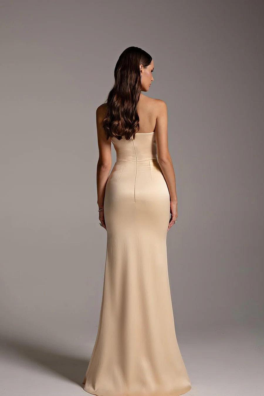 Elegant Strapless Sleeveless Satin Mermaid Prom Dresses Column Pleats With Zipper - Image 2