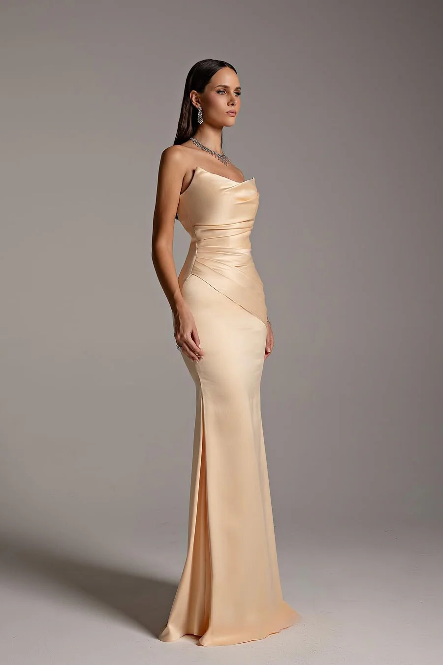 Elegant Strapless Sleeveless Satin Mermaid Prom Dresses Column Pleats With Zipper - Image 3