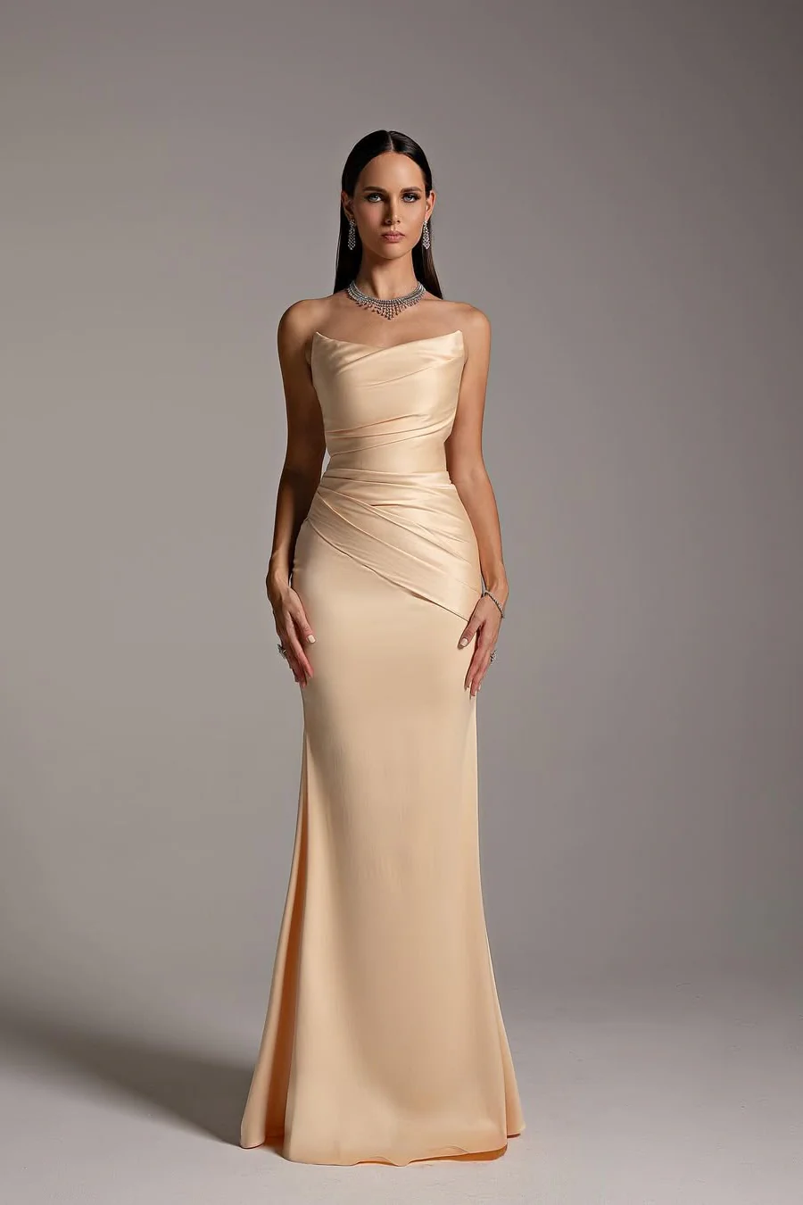 Elegant Strapless Sleeveless Satin Mermaid Prom Dresses Column Pleats With Zipper - Image 4