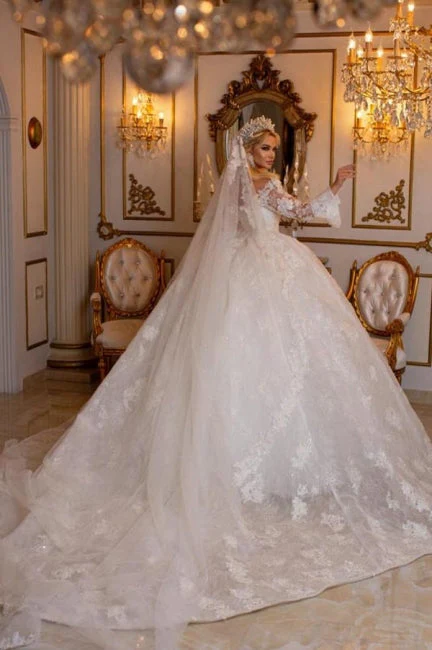 Ballbella Beautiful Sweetheart Ball Gown Lace Wedding Gowns Bridal Dresses With Long Sleeves - Image 2