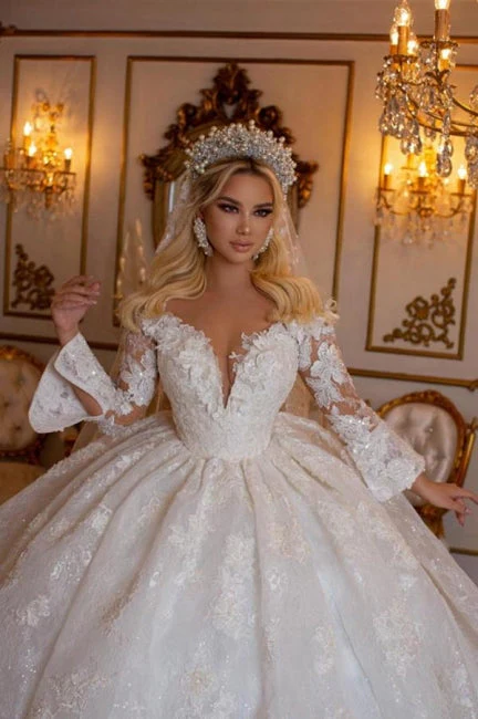 Ballbella Beautiful Sweetheart Ball Gown Lace Wedding Gowns Bridal Dresses With Long Sleeves - Image 3
