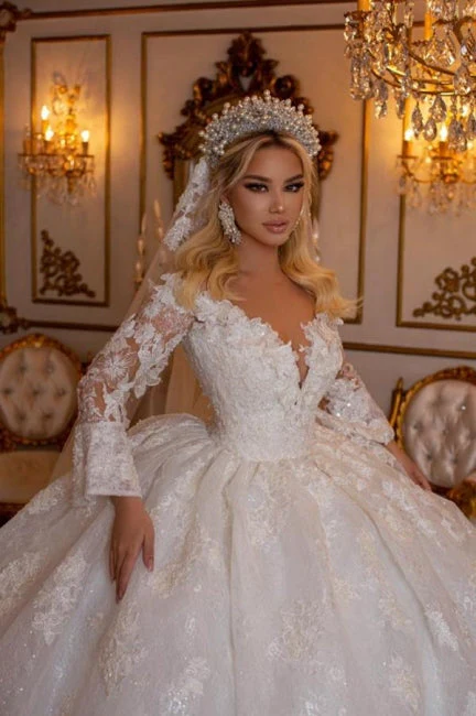 Ballbella Beautiful Sweetheart Ball Gown Lace Wedding Gowns Bridal Dresses With Long Sleeves - Image 4