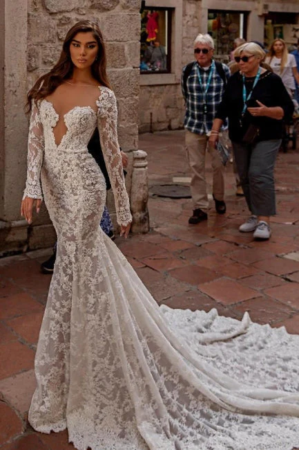 Gorgeous sweetheart longsleeves mermaid lace Wedding Dresses - Image 3