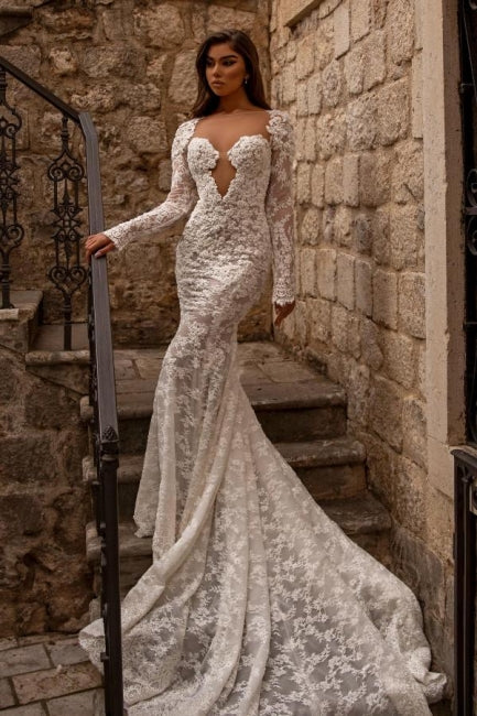 Gorgeous sweetheart longsleeves mermaid lace Wedding Dresses - Image 5