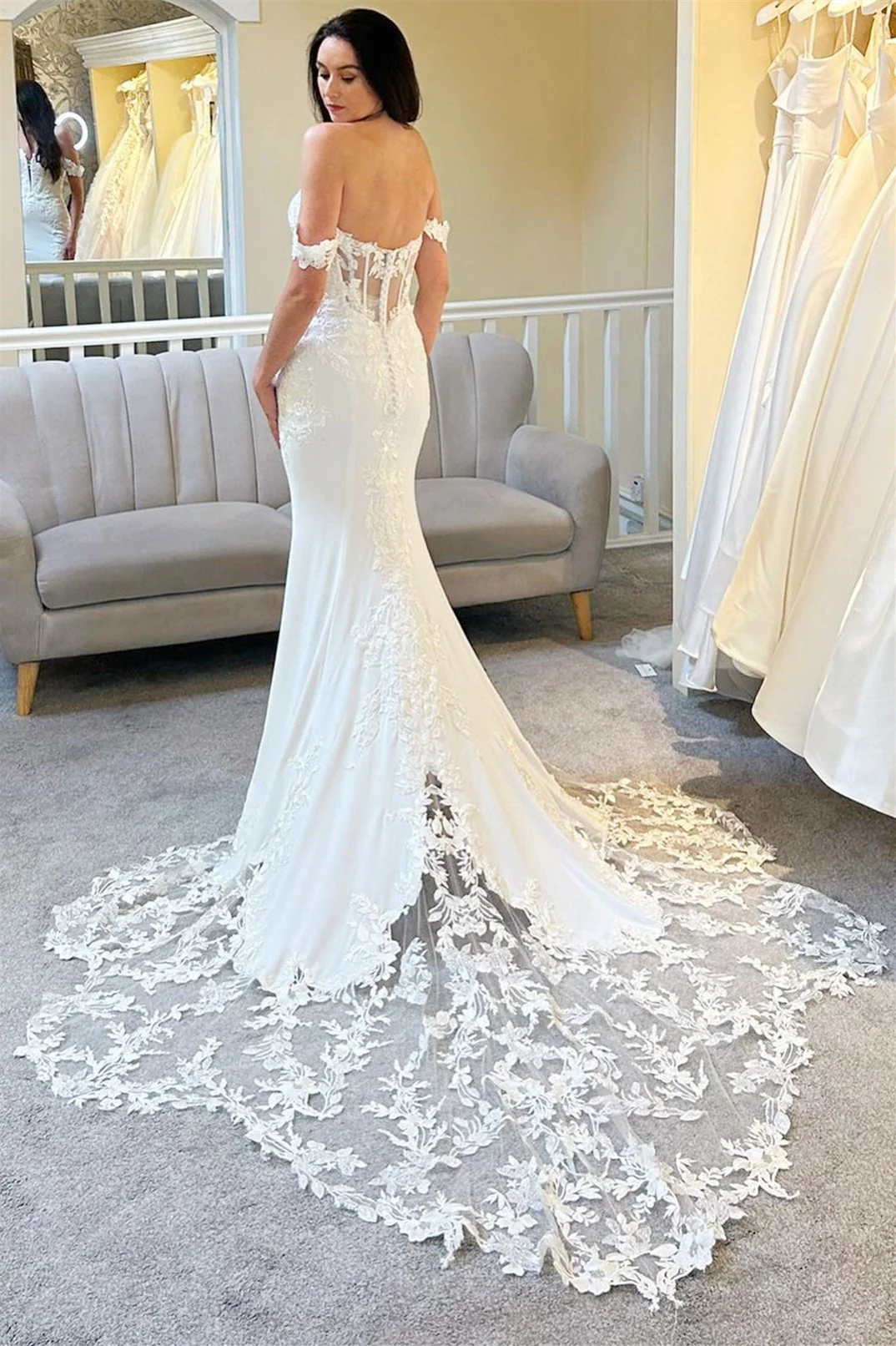 Elegant Sweetheart Off-The-Shoulder Mermaid Wedding Dress Satin Sleeveless zipper Back With Appliques Lace - Image 2