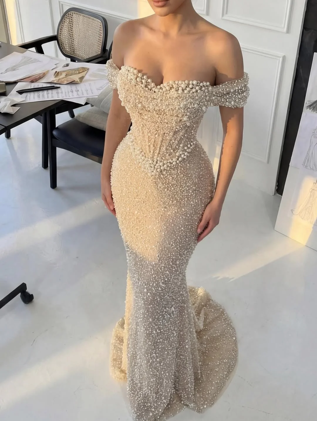 Elegant Sweetheart Off-the-shoulder Pleats Mermaid Court Train Prom Dresses - Image 2