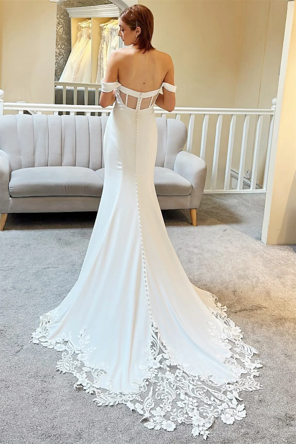 Elegant Sweetheart Off-The-Shoulder Satin Wedding Dress Mermaid Sleeveless Open Back With Appliques Lace - Image 2