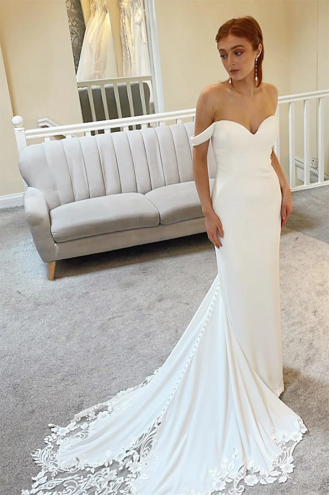 Elegant Sweetheart Off-The-Shoulder Satin Wedding Dress Mermaid Sleeveless Open Back With Appliques Lace - Image 3
