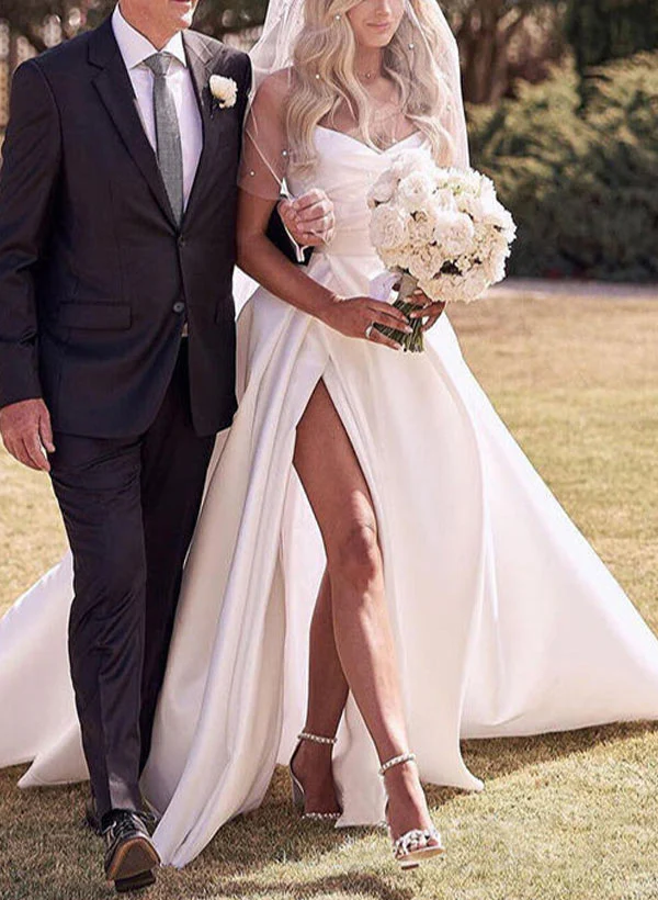 Elegant Sweetheart Satin Sweep Train Wedding Dresses Split Front - Image 2