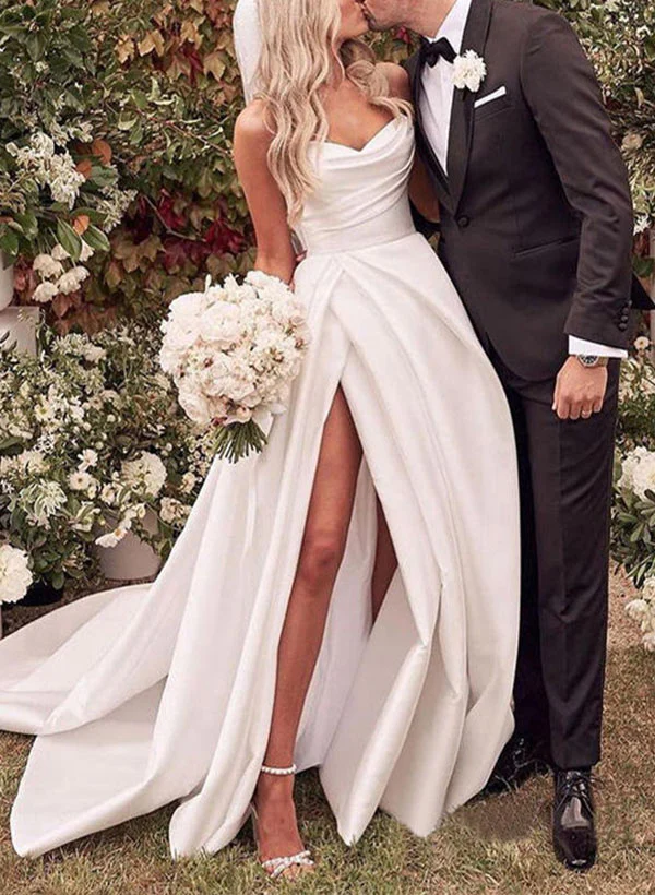 Elegant Sweetheart Satin Sweep Train Wedding Dresses Split Front - Image 3