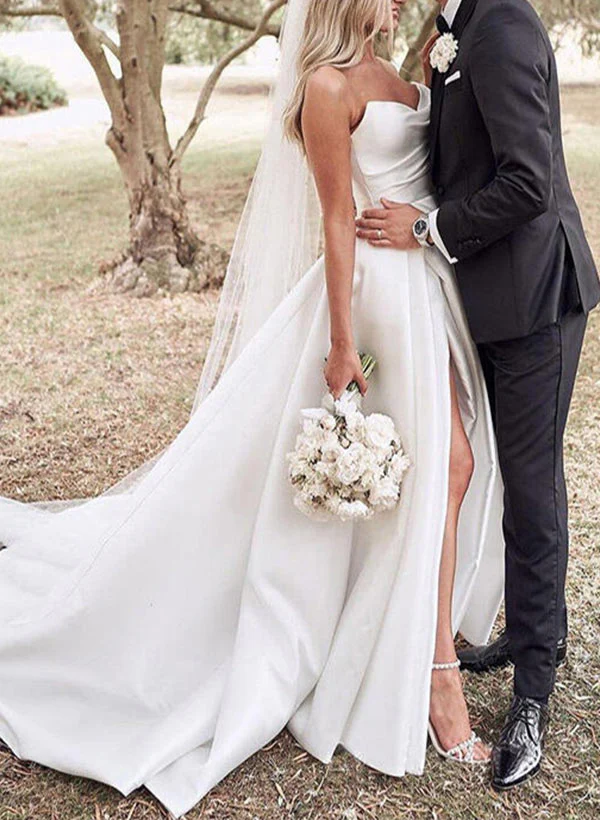 Elegant Sweetheart Satin Sweep Train Wedding Dresses Split Front - Image 5