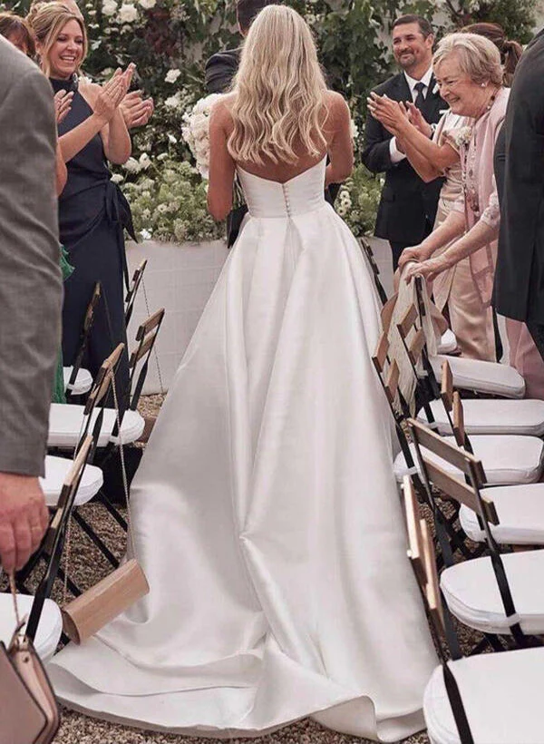 Elegant Sweetheart Satin Sweep Train Wedding Dresses Split Front - Image 6