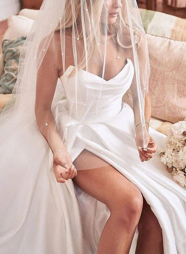 Elegant Sweetheart Satin Sweep Train Wedding Dresses Split Front - Image 7
