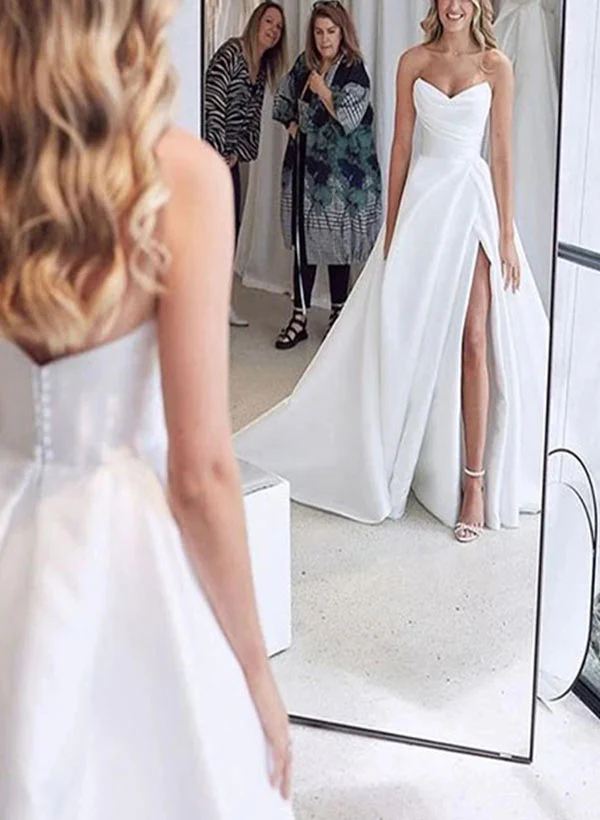 Elegant Sweetheart Satin Sweep Train Wedding Dresses Split Front - Image 8