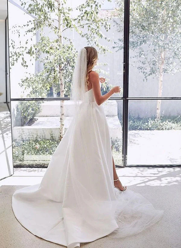 Elegant Sweetheart Satin Sweep Train Wedding Dresses Split Front - Image 9