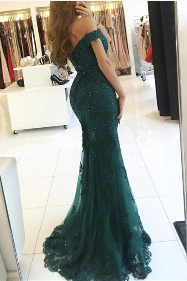 Elegant Tulle Off-the-shoulder Green Mermaid Evening Dress Sequins Lace Long - Image 2