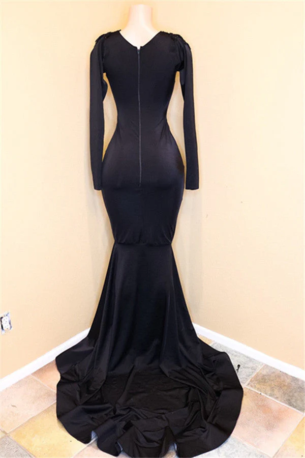 Elegant V-Neck Long Sleevess Appliques Sequins Mermaid Zipper Prom Dresses - Image 2