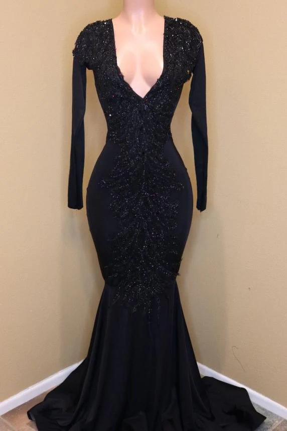 Elegant V-Neck Long Sleevess Appliques Sequins Mermaid Zipper Prom Dresses - Image 3