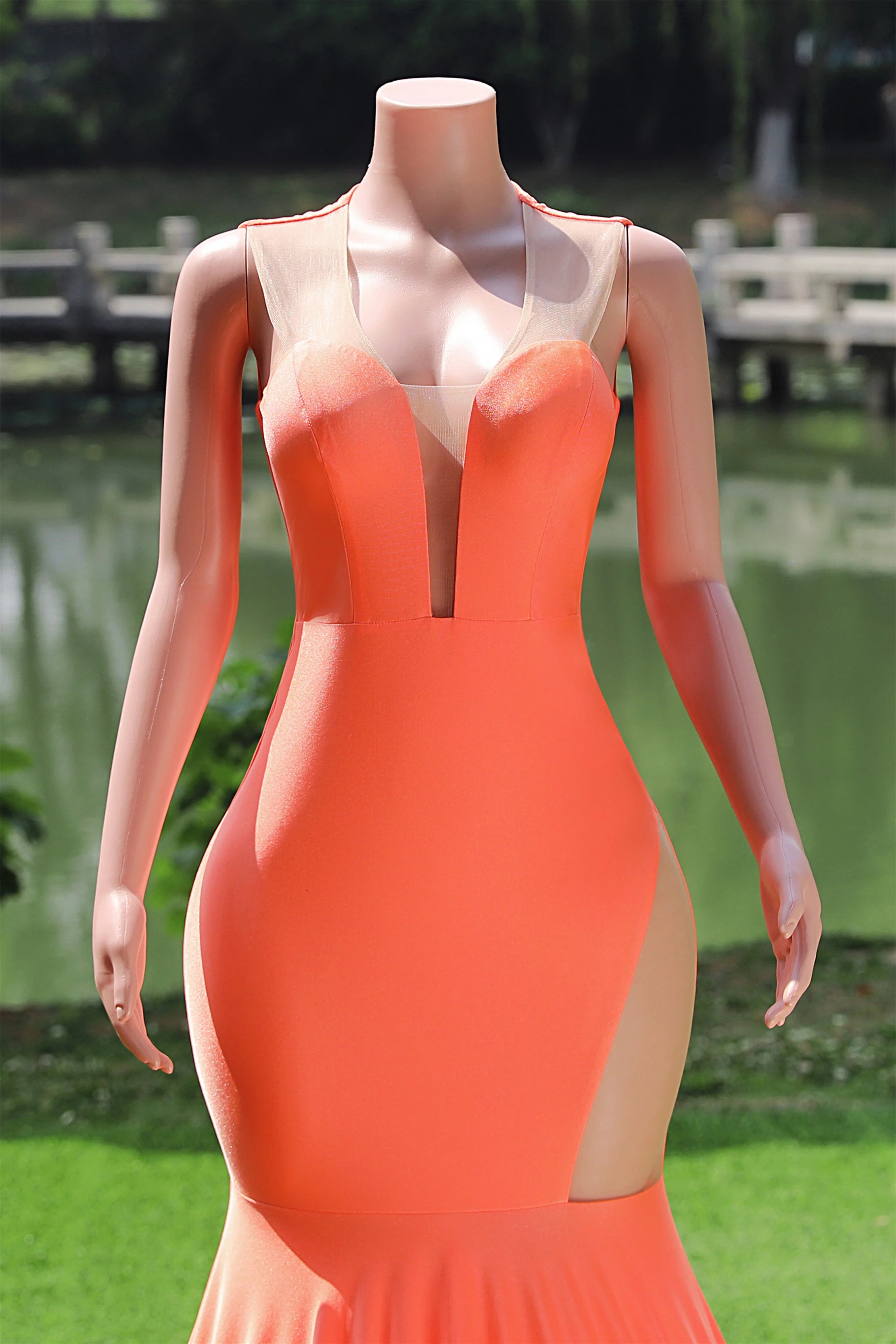 Elegant V-neck Orange Open Back Mermaid Floor Length Prom Dresses - Image 2