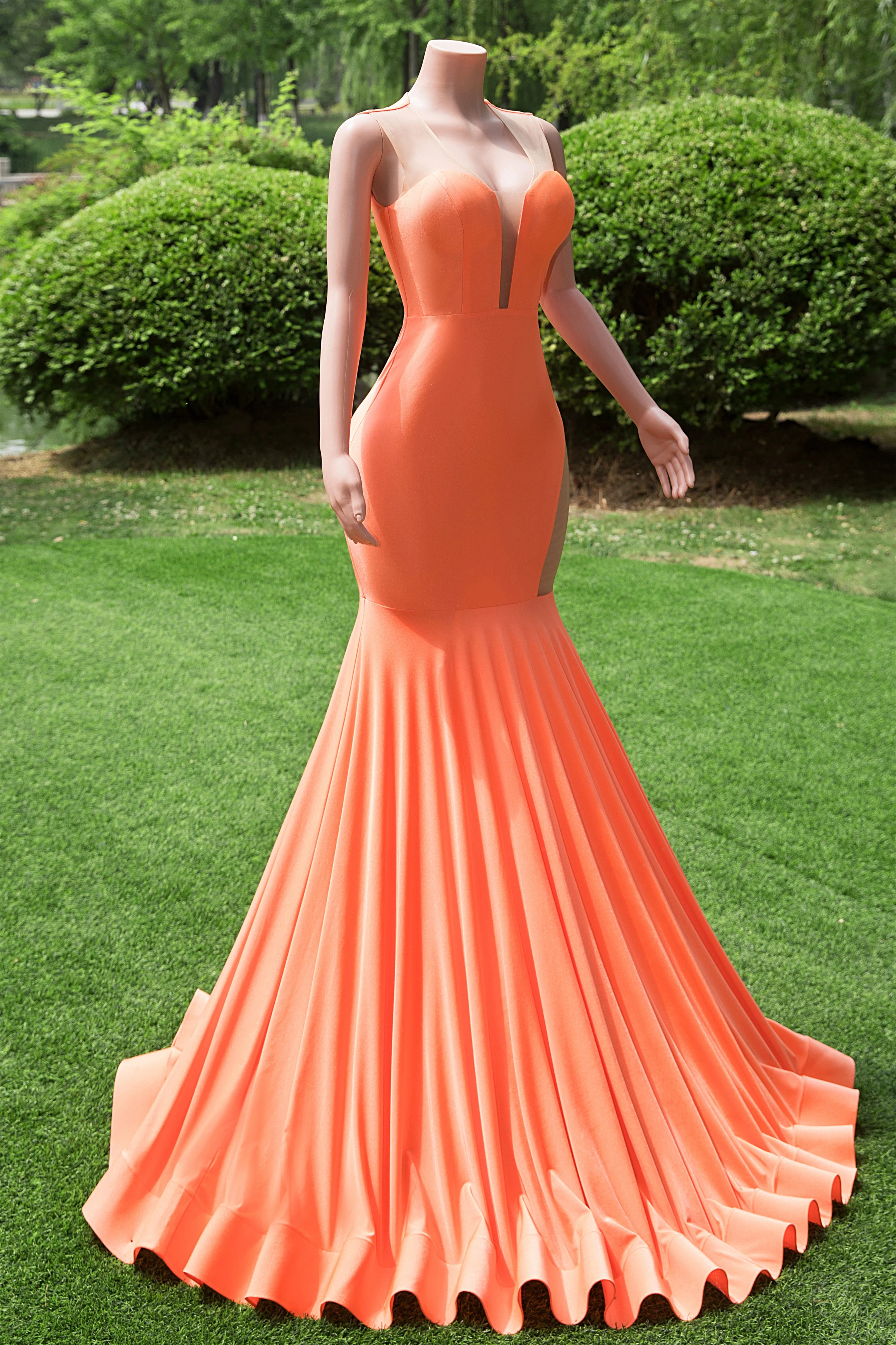 Elegant V-neck Orange Open Back Mermaid Floor Length Prom Dresses - Image 7