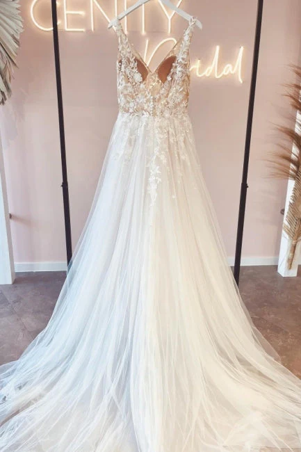 Fabulous Long V-Neck Sleeveless Lace Backless Wedding Dresses Online - Image 2
