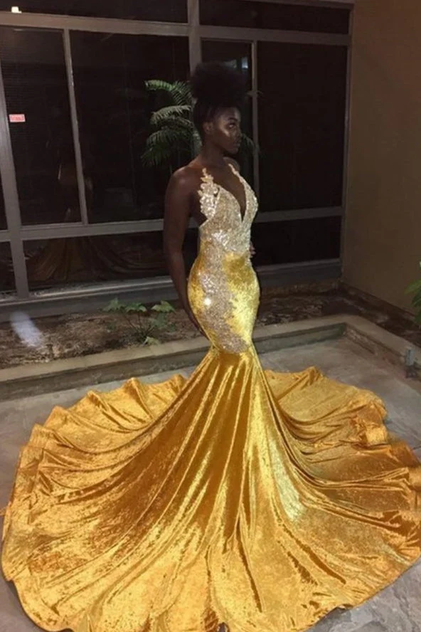 Elegant V-Neck Sleeveless Mermaid Appliques Yellow Prom Party Gowns - Image 3